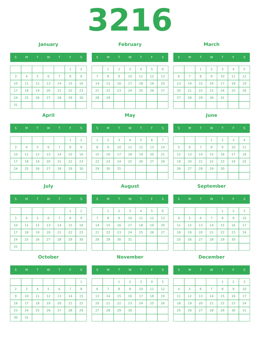 Printable 3216 Year Calendars green