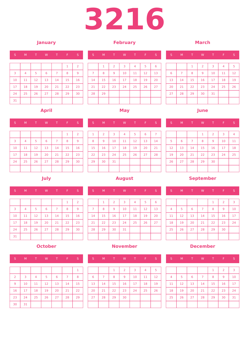 Printable 3216 Year Calendars pink