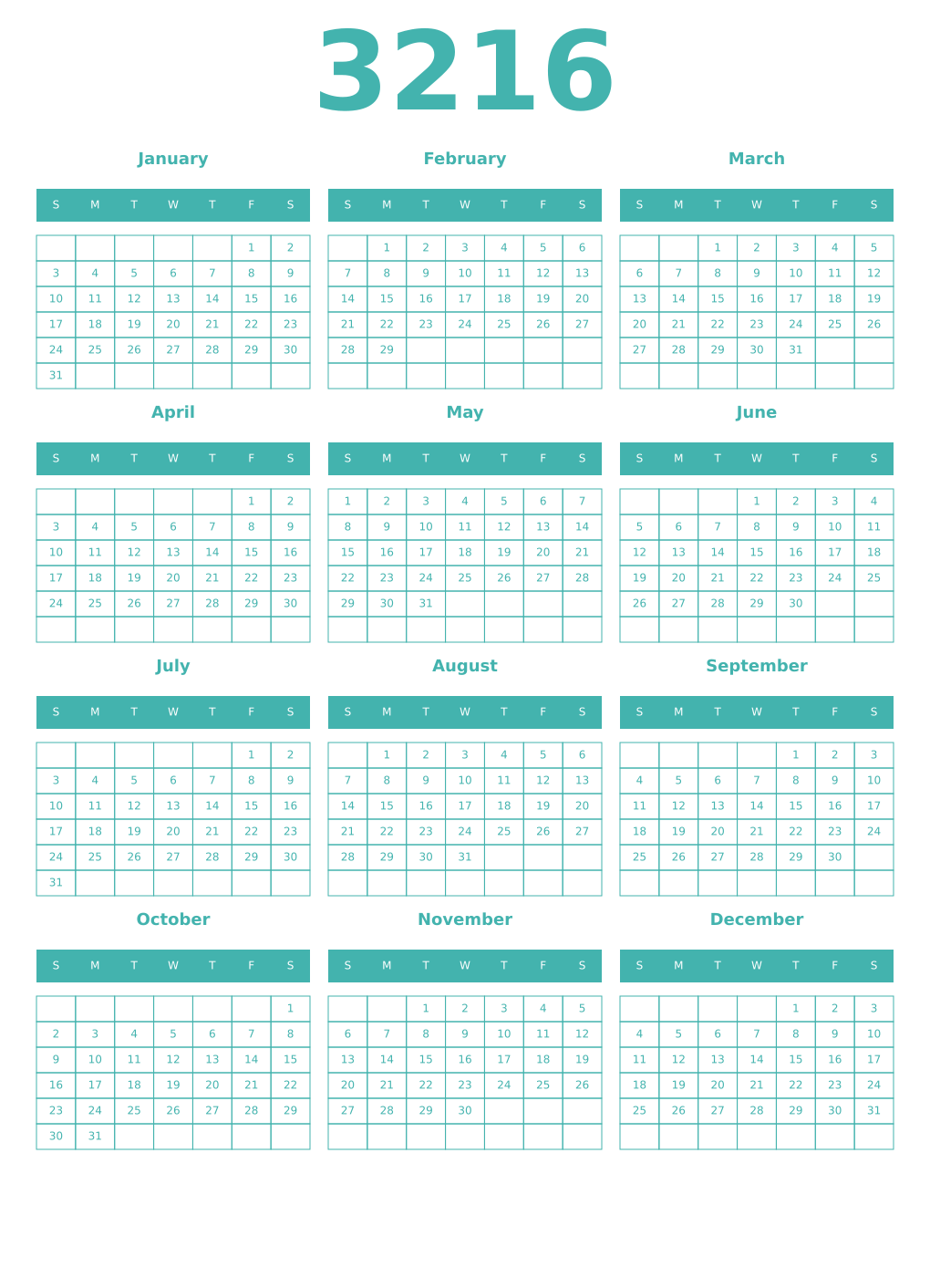 Printable 3216 Year Calendars verdigris