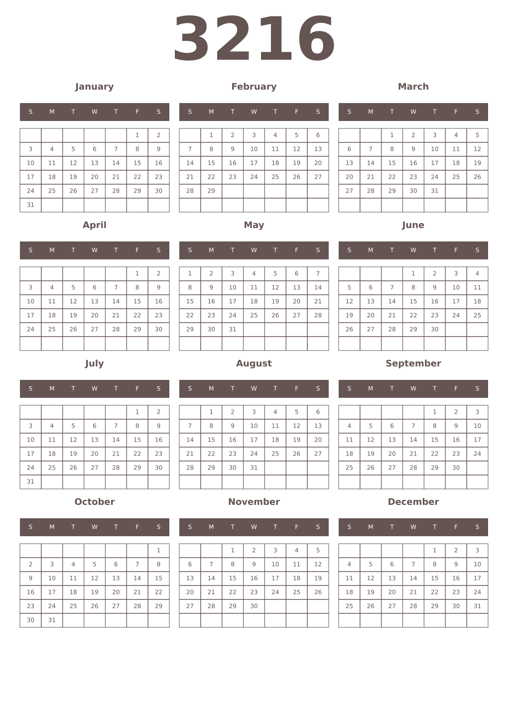 Printable 3216 Year Calendars wenge