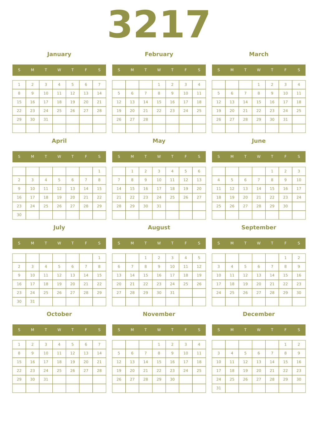Printable 3217 Year Calendars eburnean