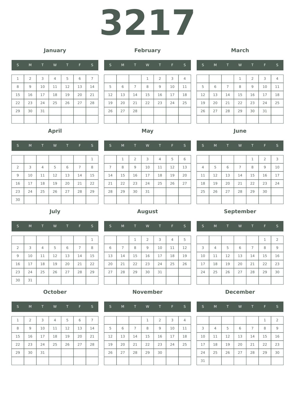 Printable 3217 Year Calendars feldgrau