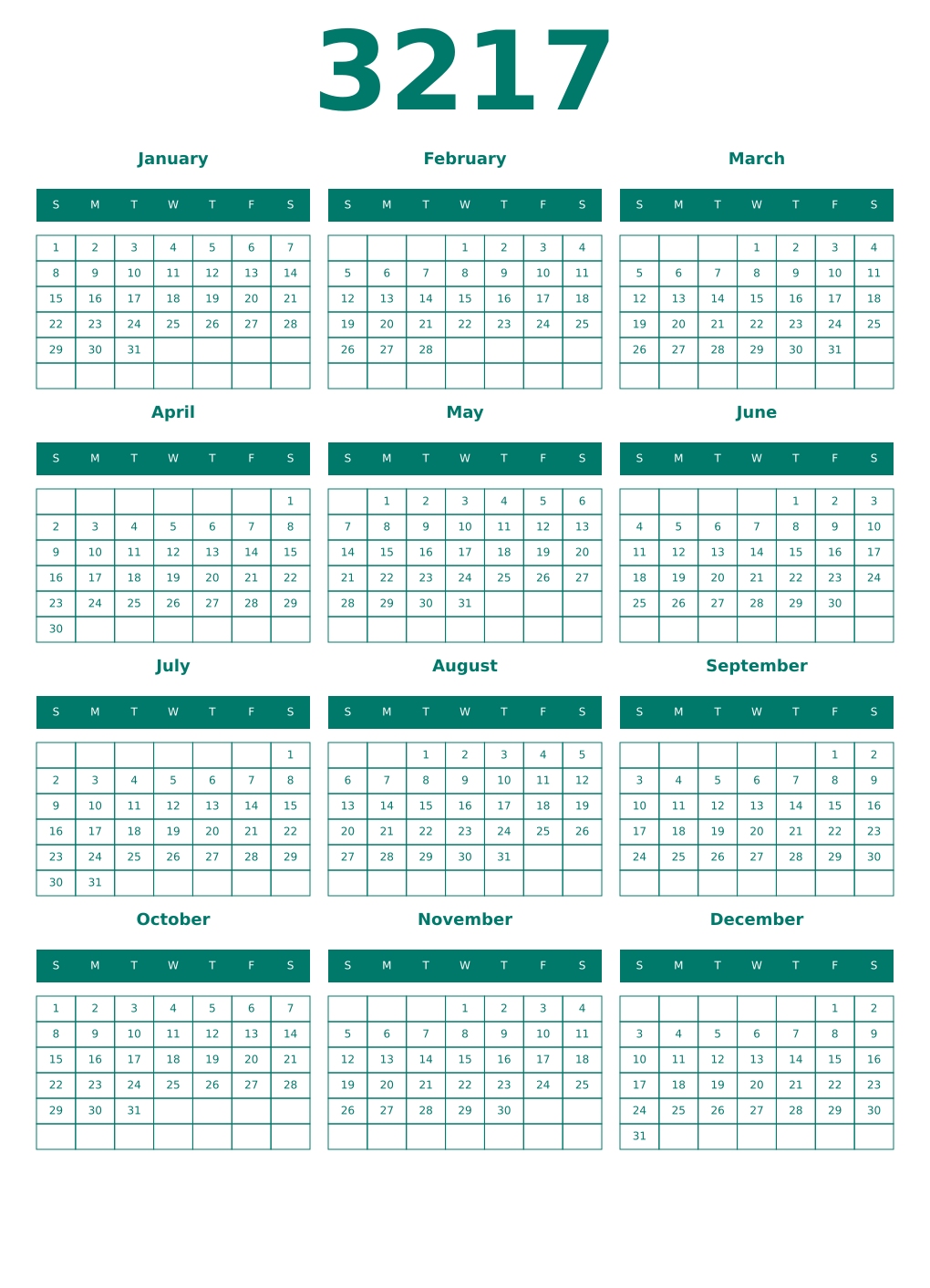 Printable 3217 Year Calendars pastel