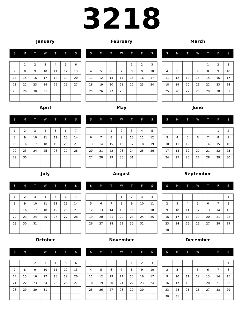 Printable 3218 Year Calendars black