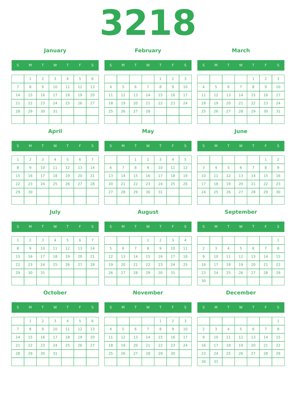 Printable 3218 Year Calendars green