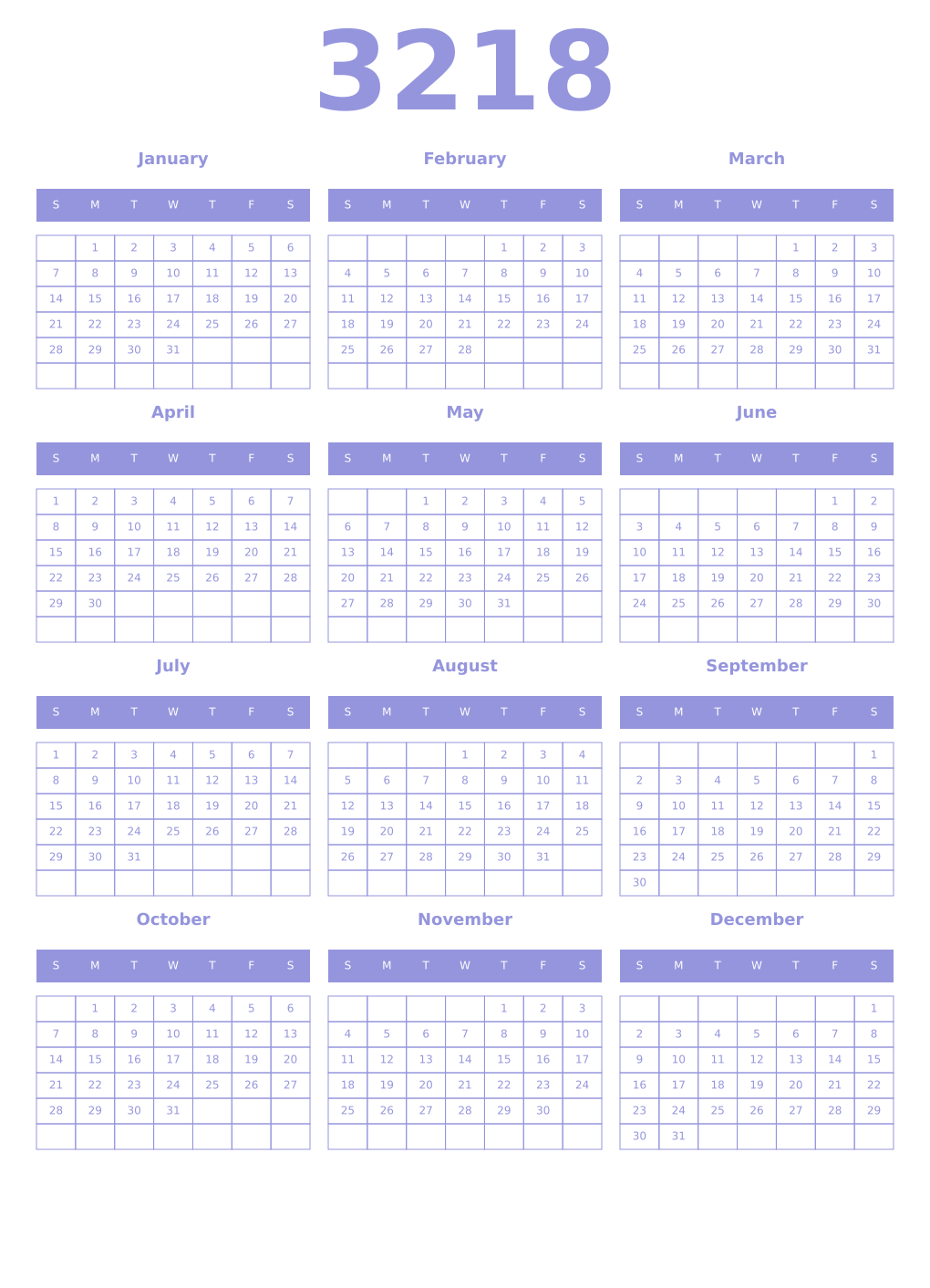 Printable 3218 Year Calendars periwinkle