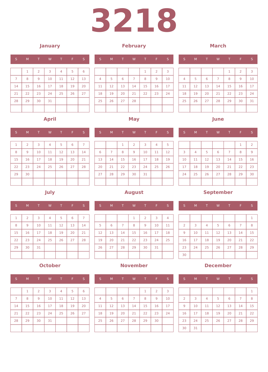 Printable 3218 Year Calendars puce