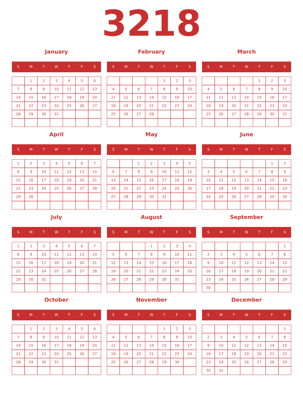 Printable 3218 Year Calendars red