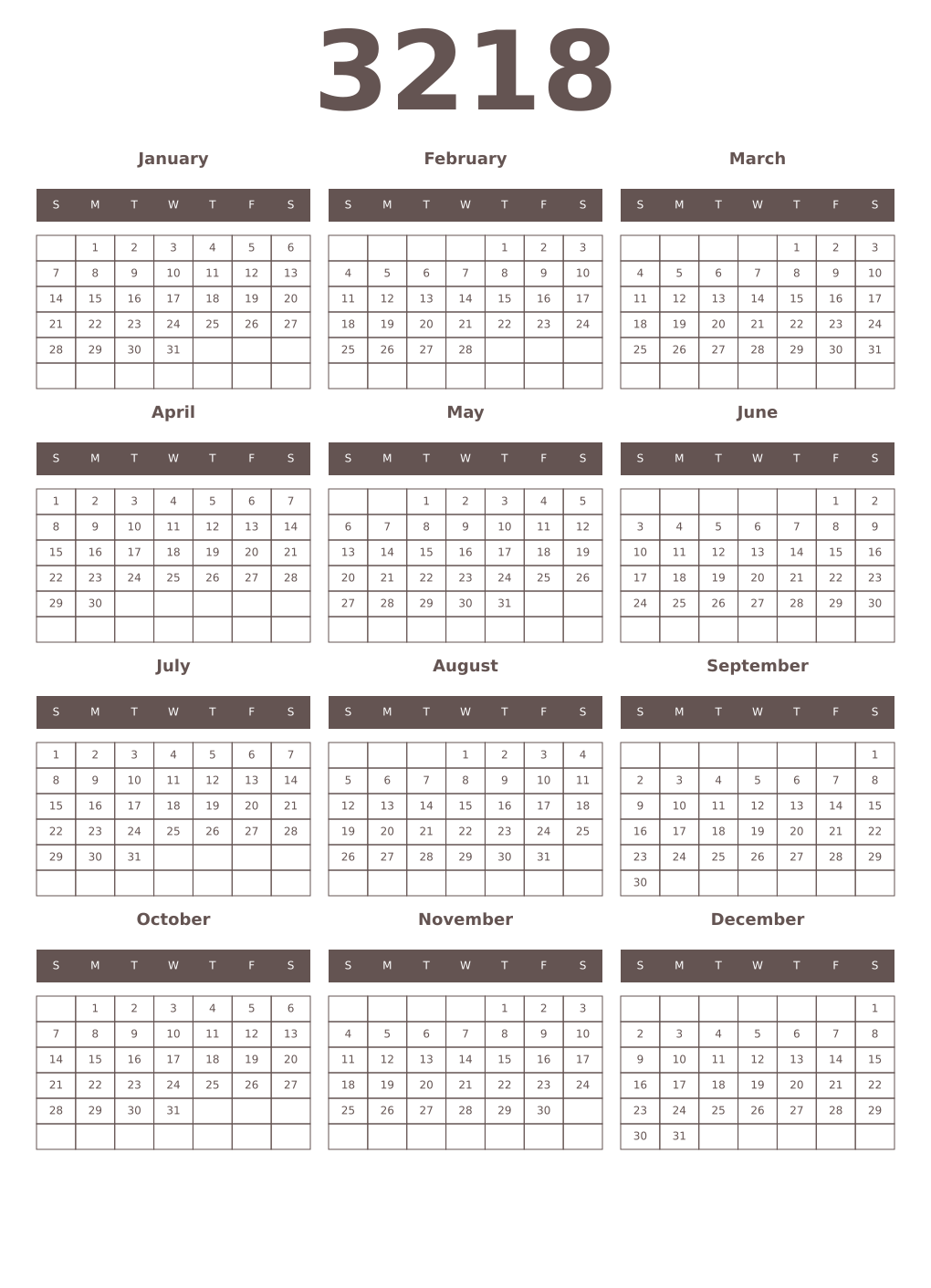 Printable 3218 Year Calendars wenge