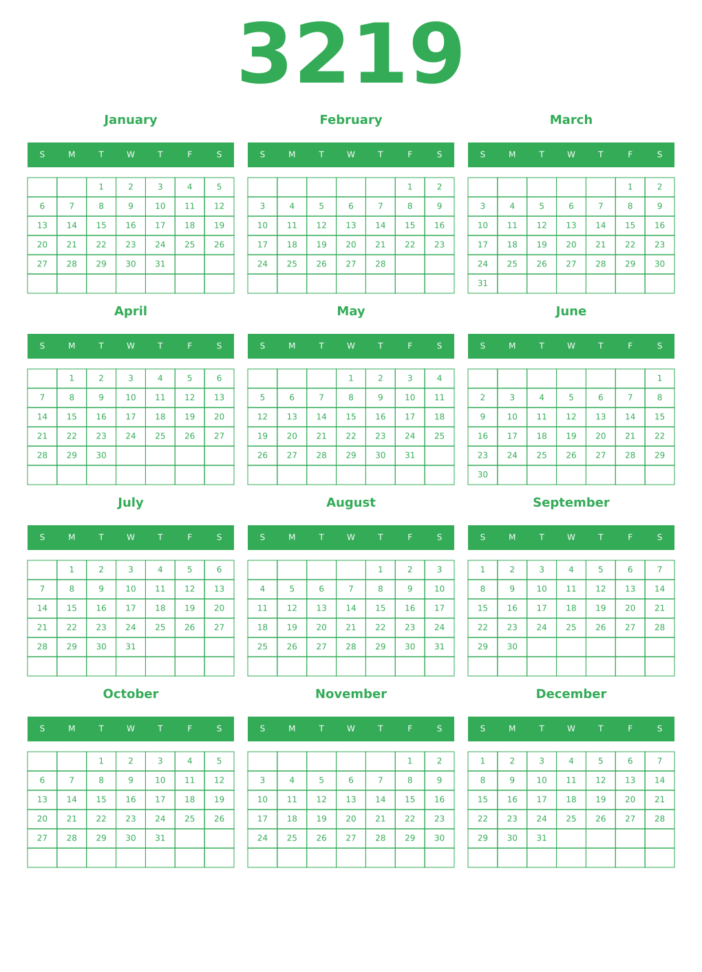 Printable 3219 Year Calendars green