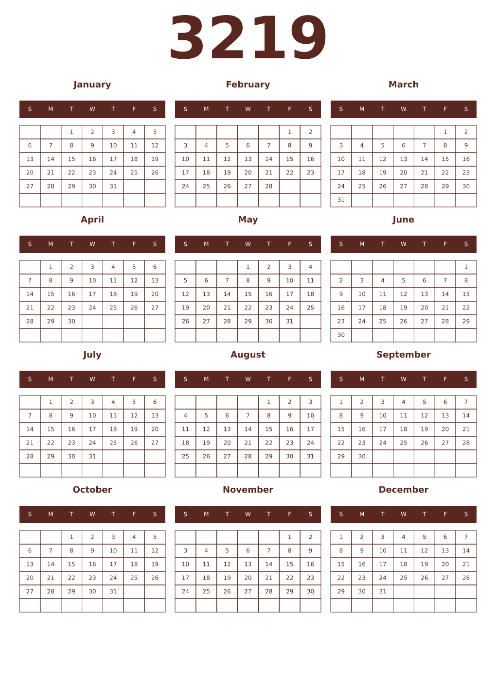 Printable 3219 Year Calendars mortuum