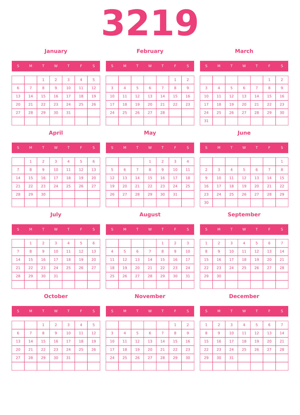 Printable 3219 Year Calendars pink