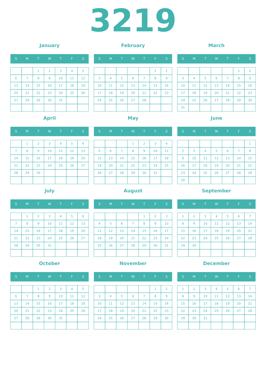 Printable 3219 Year Calendars verdigris