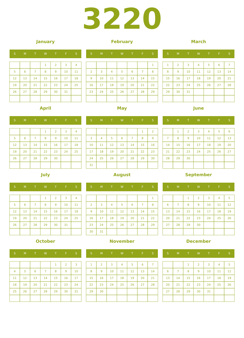 Printable 3220 Year Calendars chartreuse