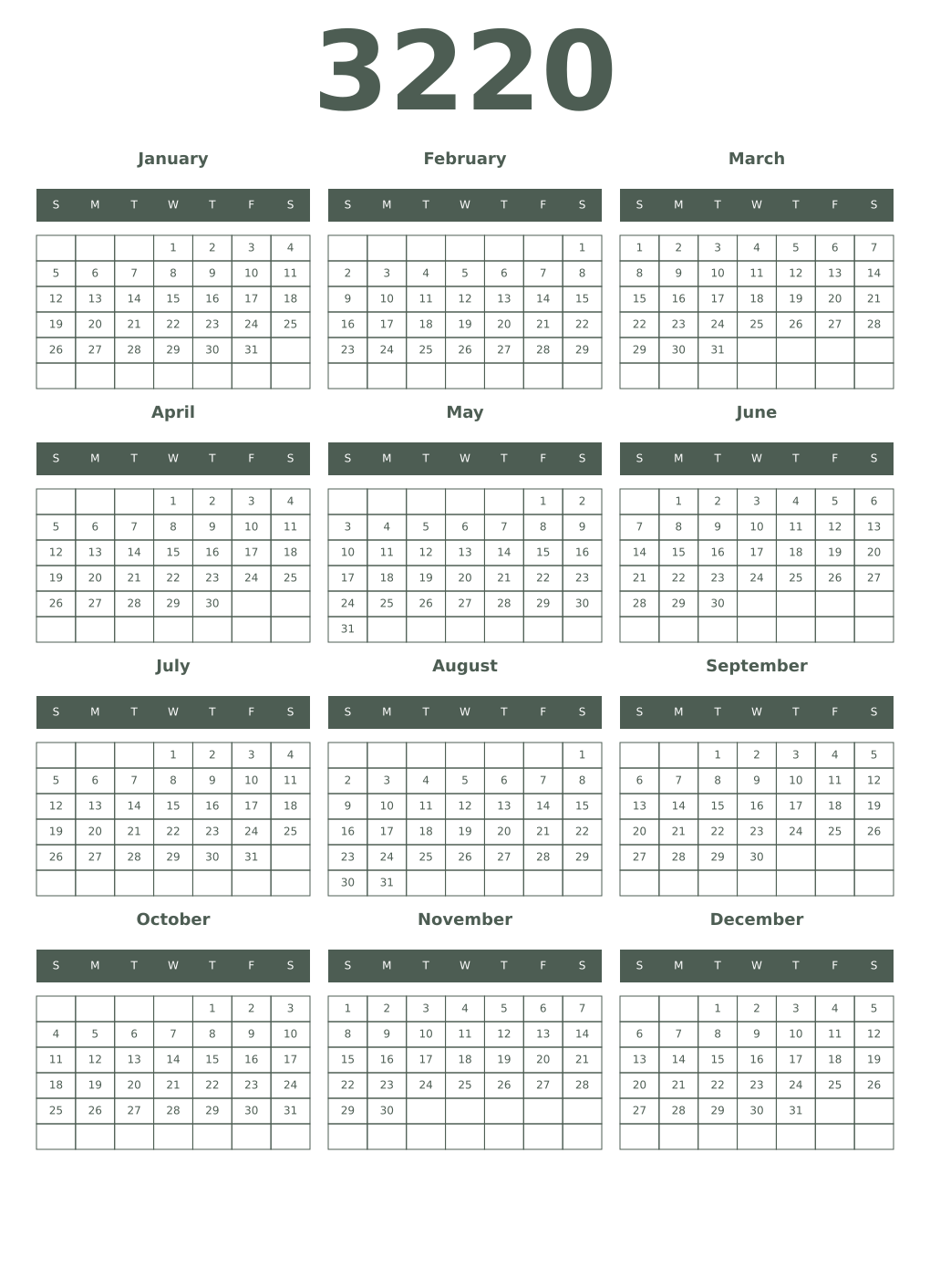 Printable 3220 Year Calendars feldgrau