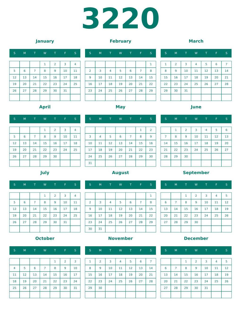 Printable 3220 Year Calendars pastel