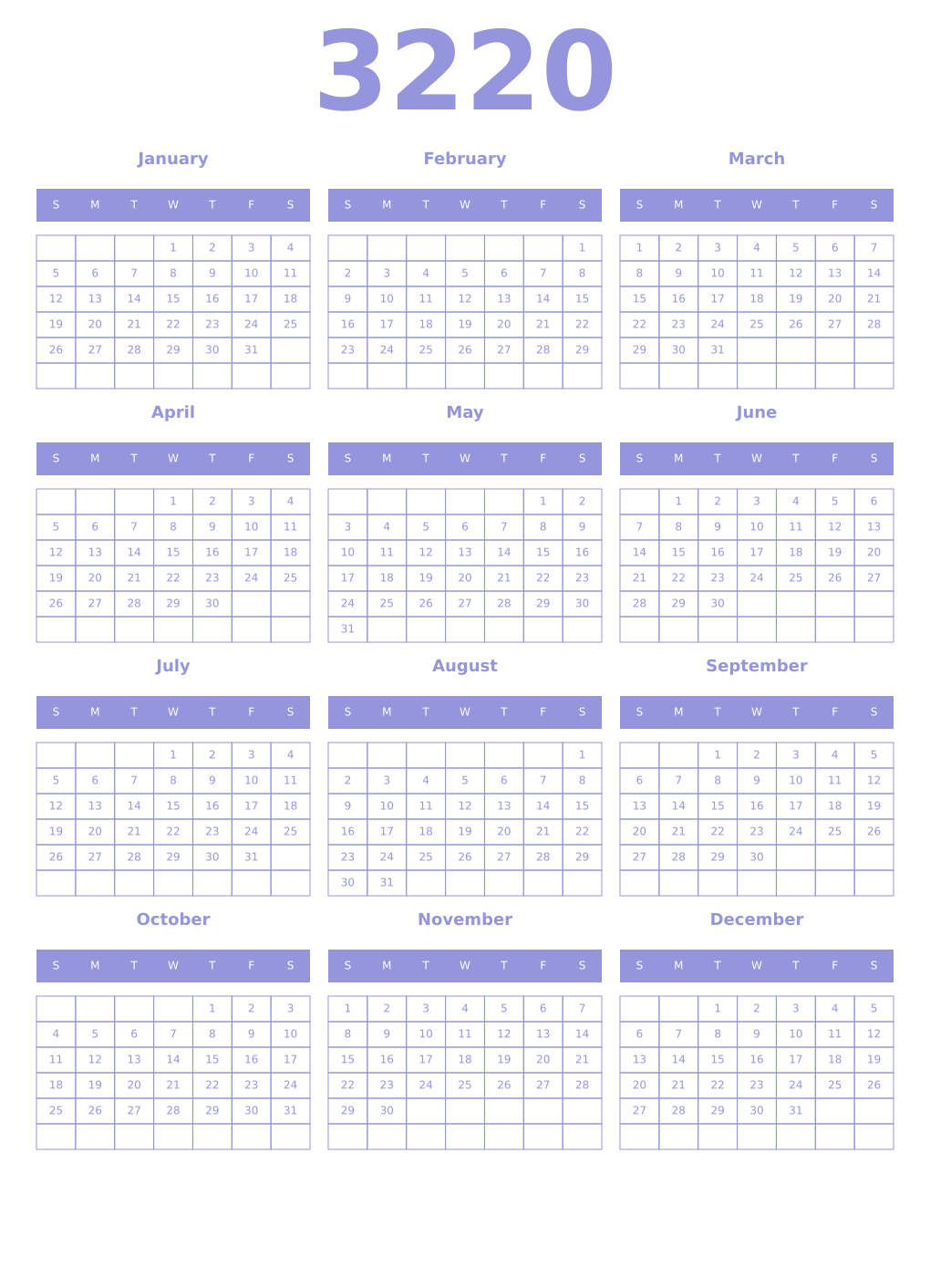 Printable 3220 Year Calendars periwinkle