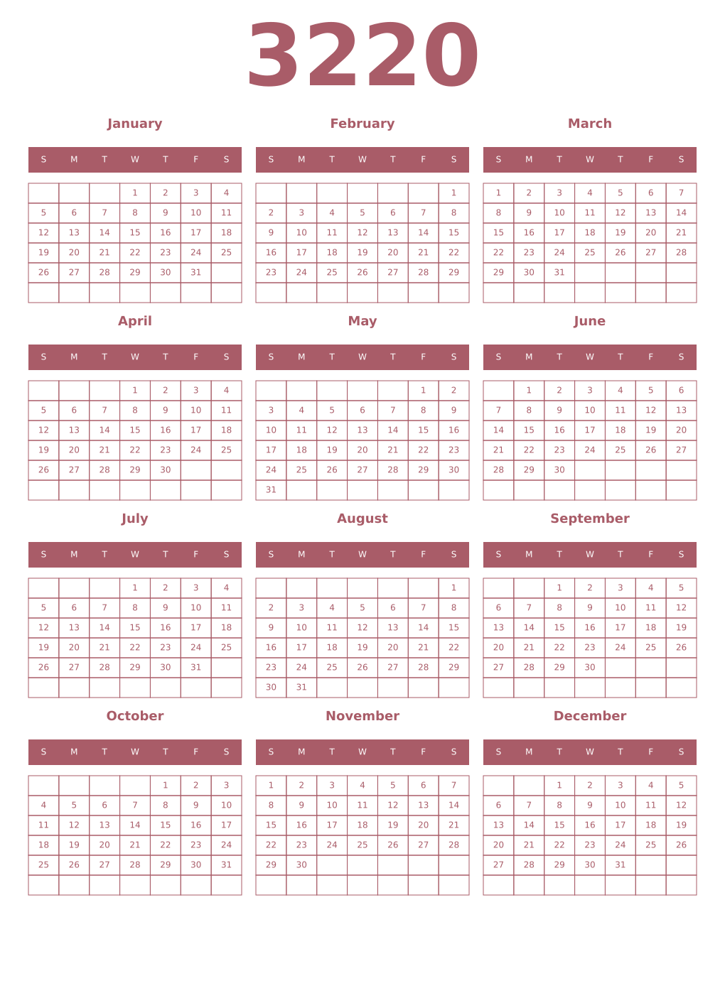 Printable 3220 Year Calendars puce