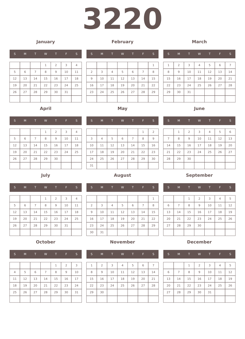 Printable 3220 Year Calendars wenge