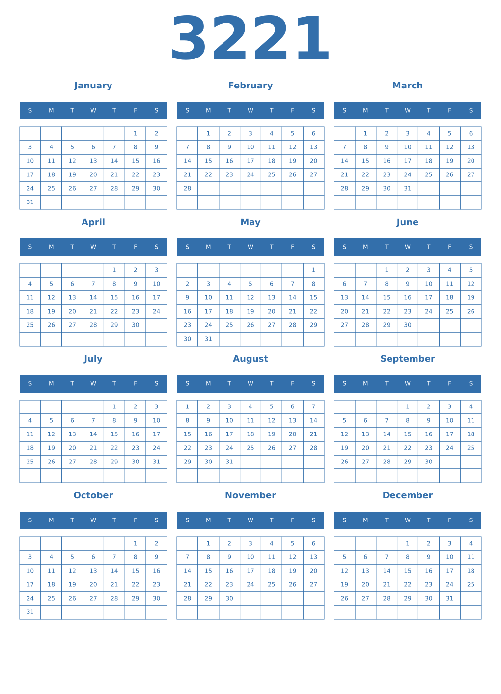 Printable 3221 Year Calendars blue