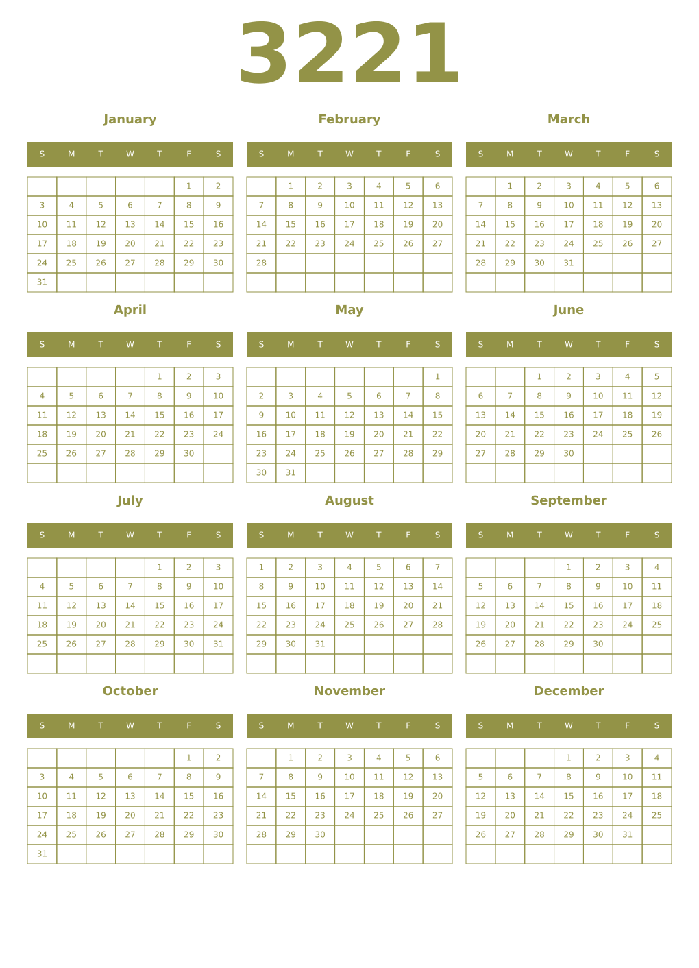 Printable 3221 Year Calendars eburnean