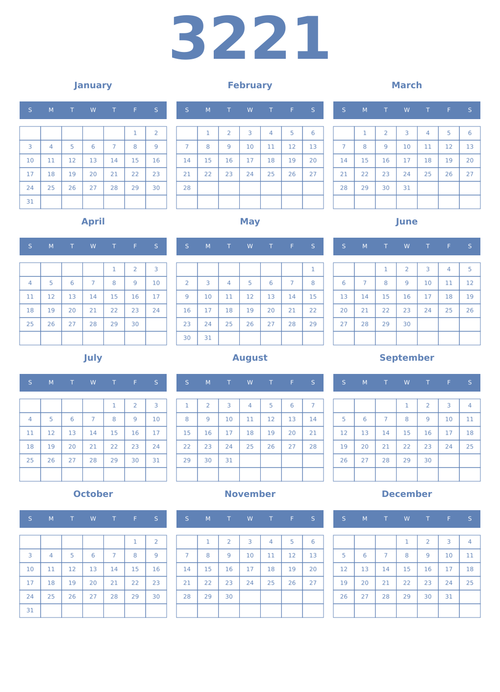 Printable 3221 Year Calendars glaucous