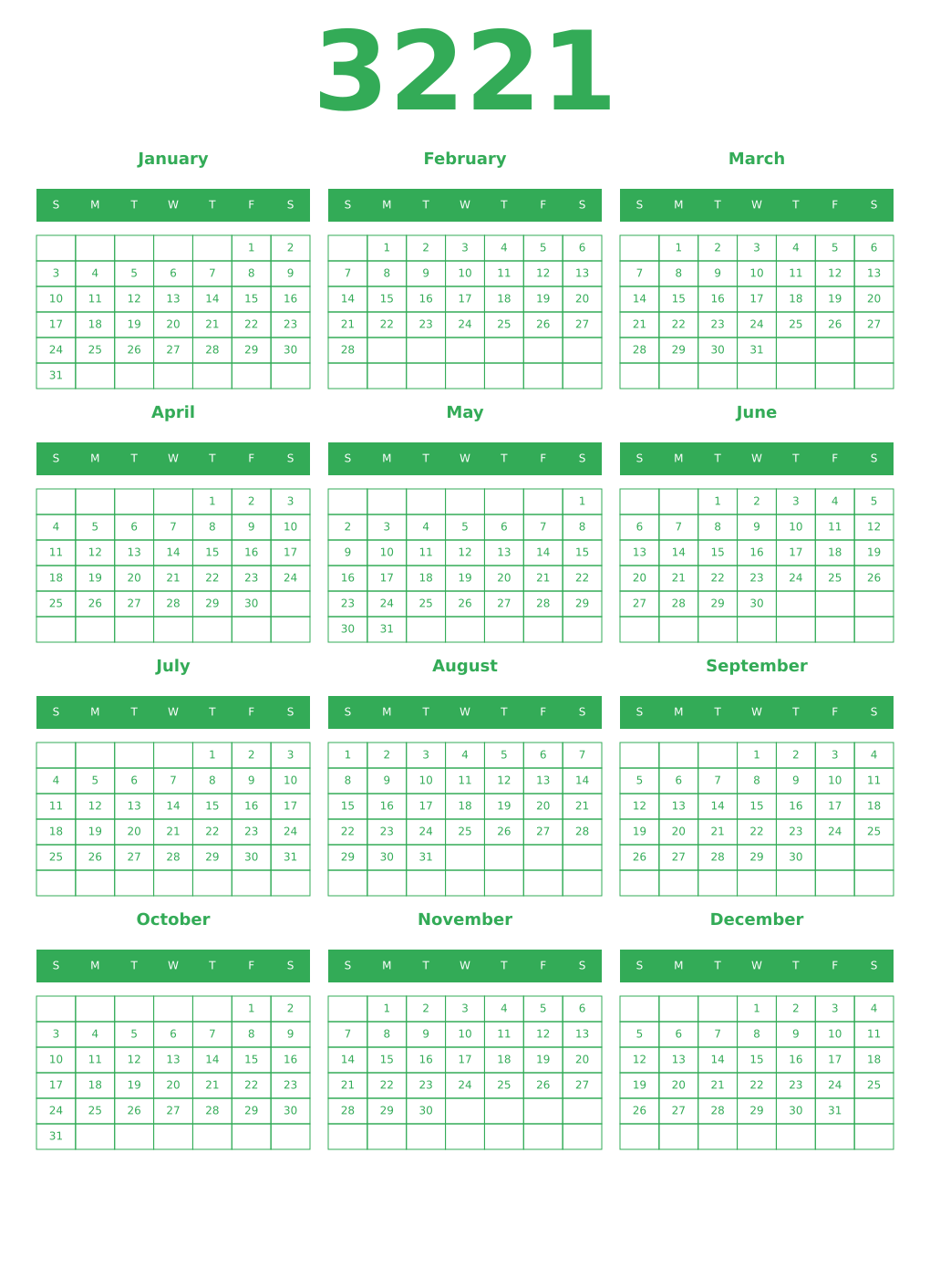 Printable 3221 Year Calendars green