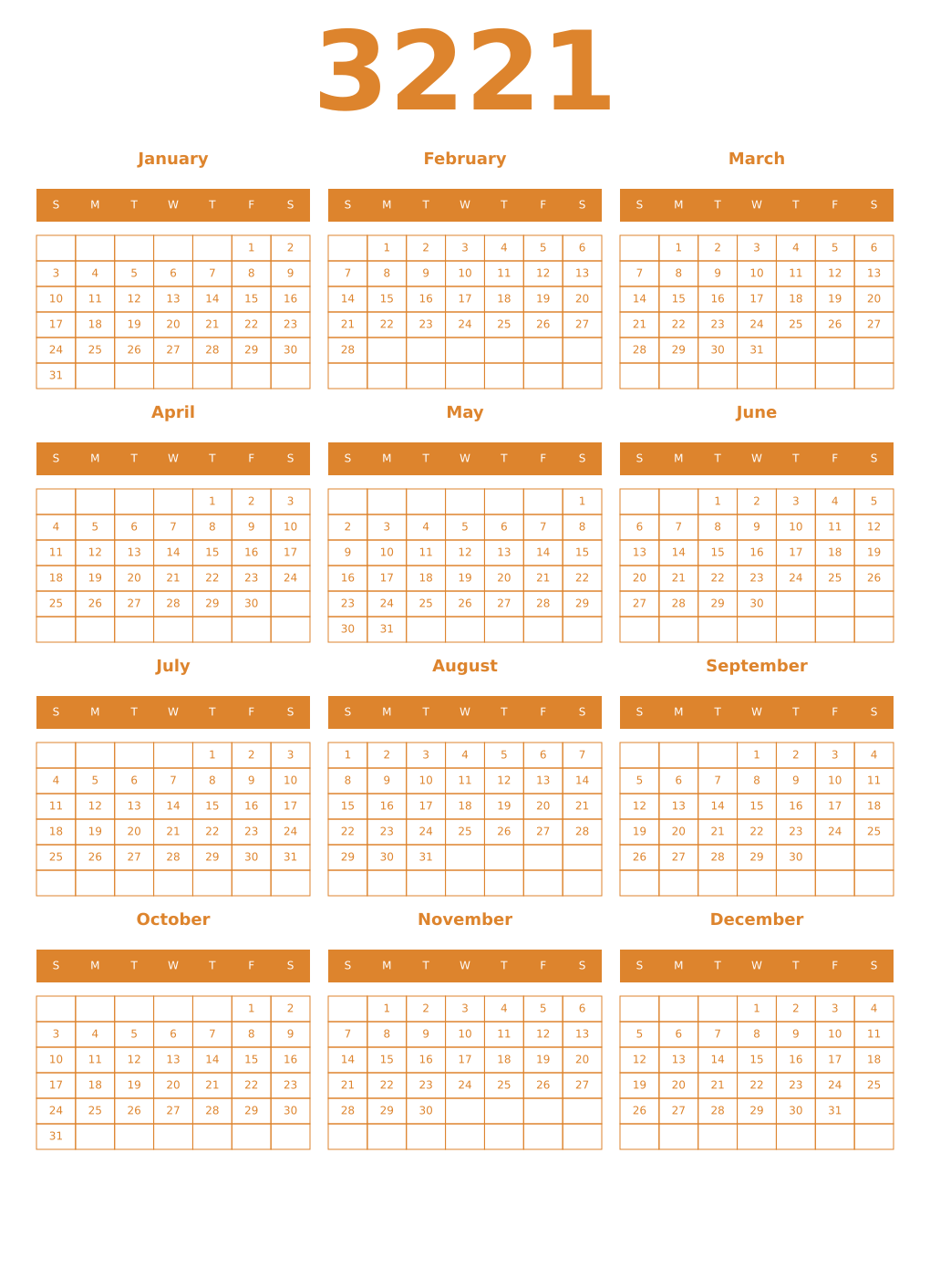 Printable 3221 Year Calendars orange