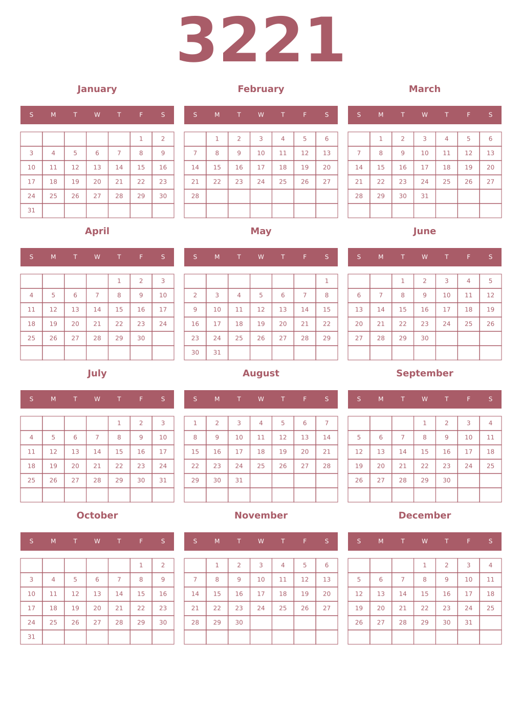 Printable 3221 Year Calendars puce