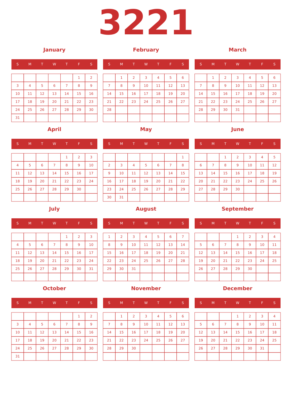 Printable 3221 Year Calendars red