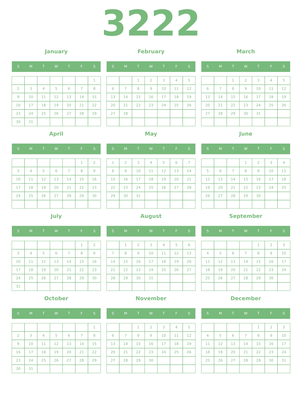 Printable 3222 Year Calendars celadon