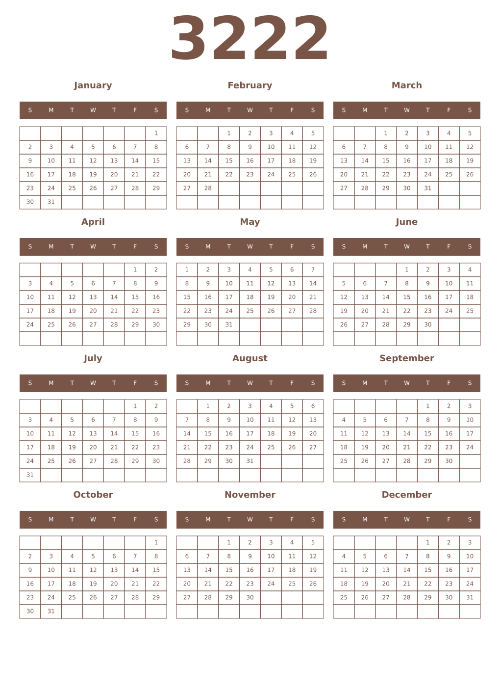 Printable 3222 Year Calendars coffe