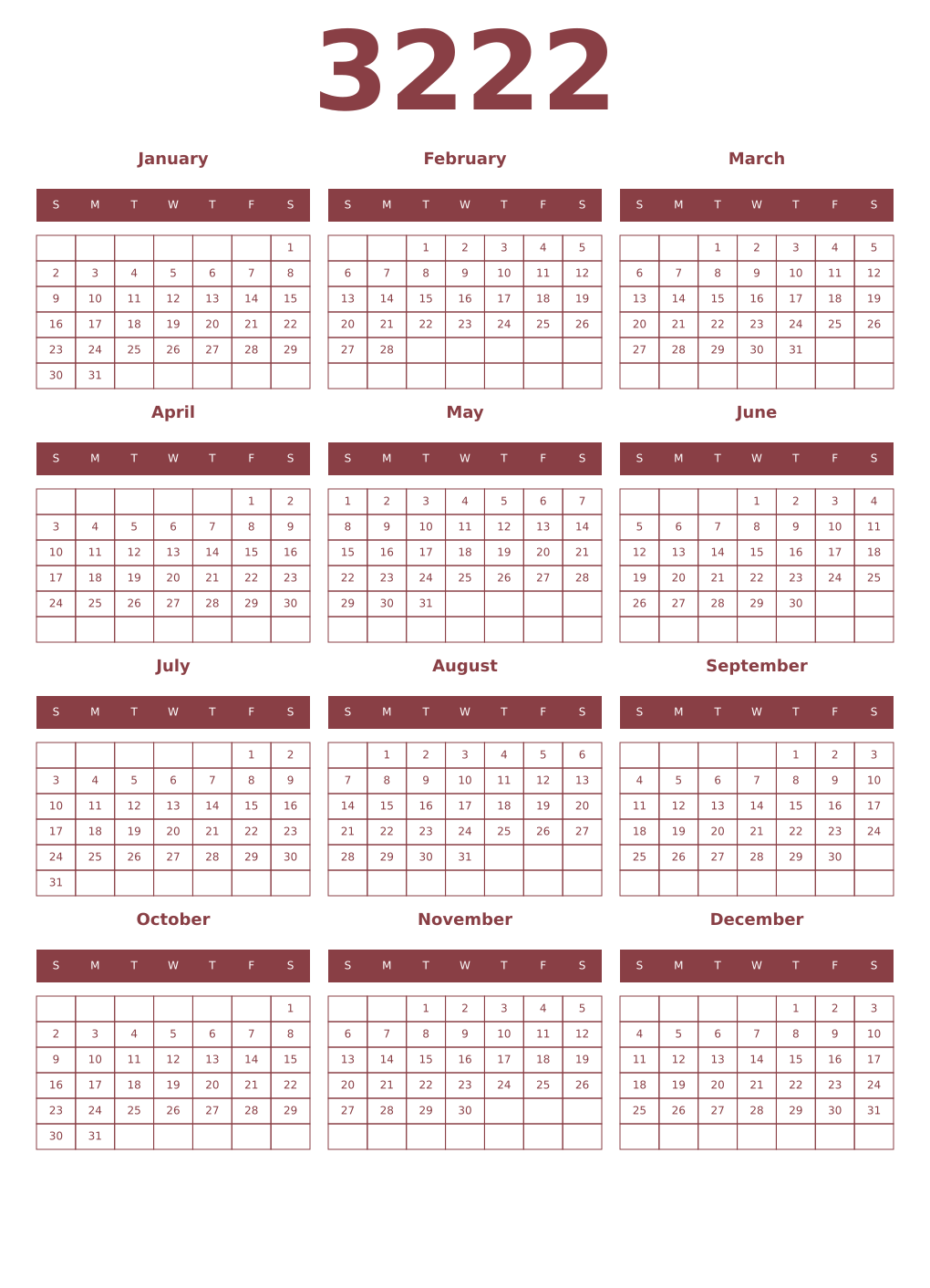 Printable 3222 Year Calendars cordovan