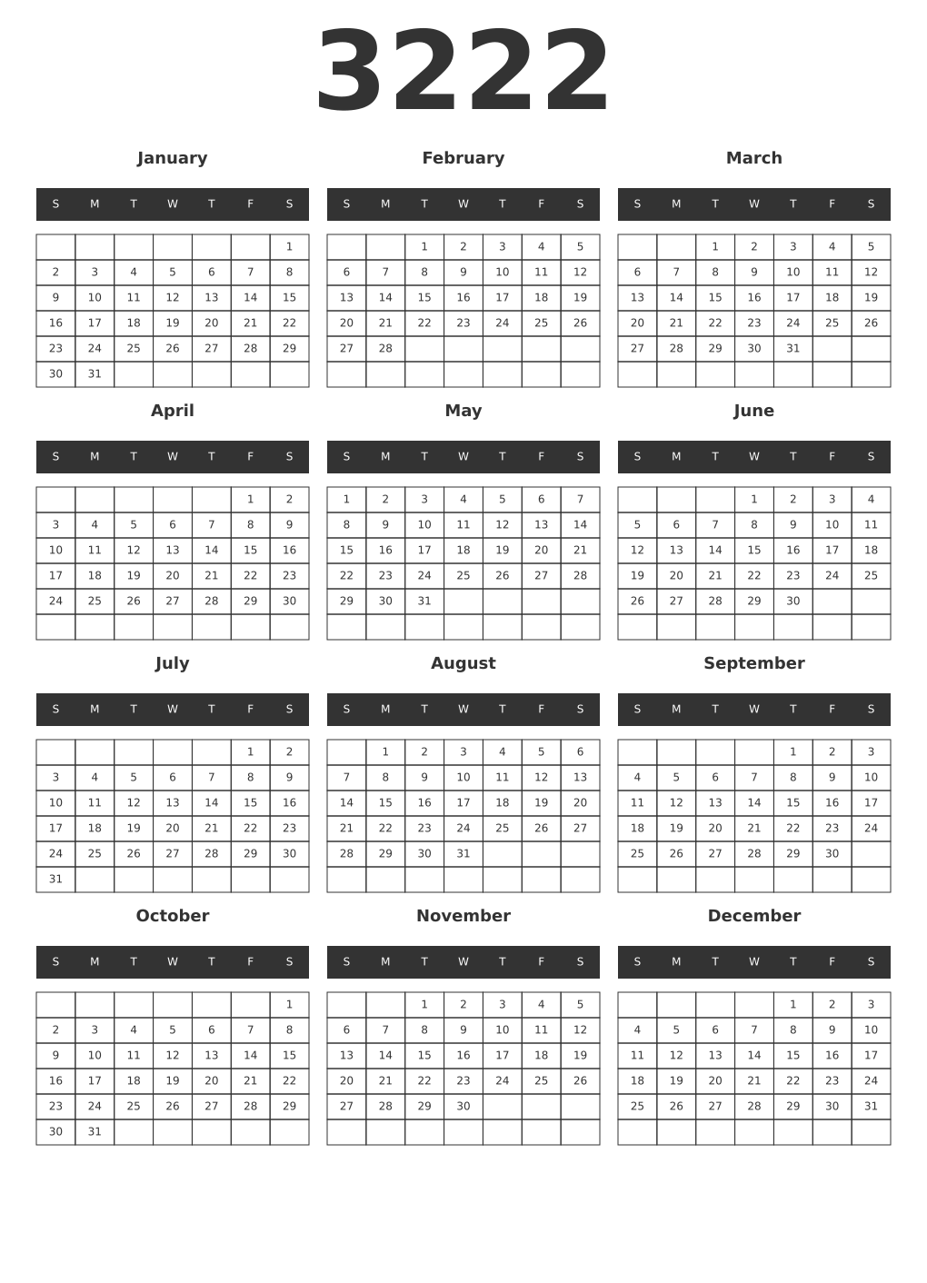 Printable 3222 Year Calendars dark
