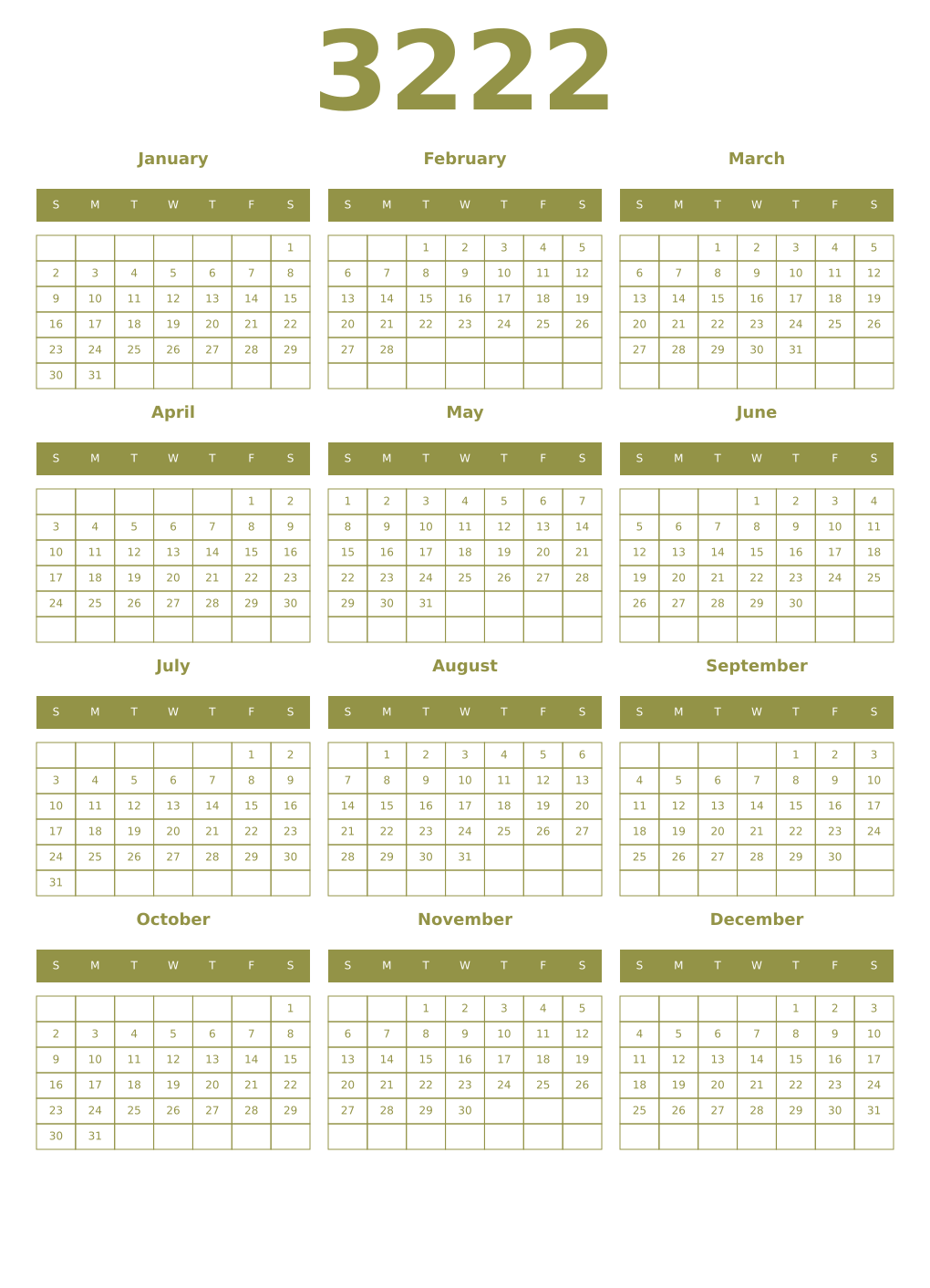 Printable 3222 Year Calendars eburnean