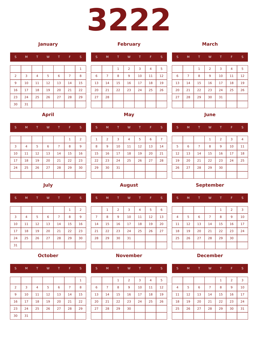 Printable 3222 Year Calendars falu