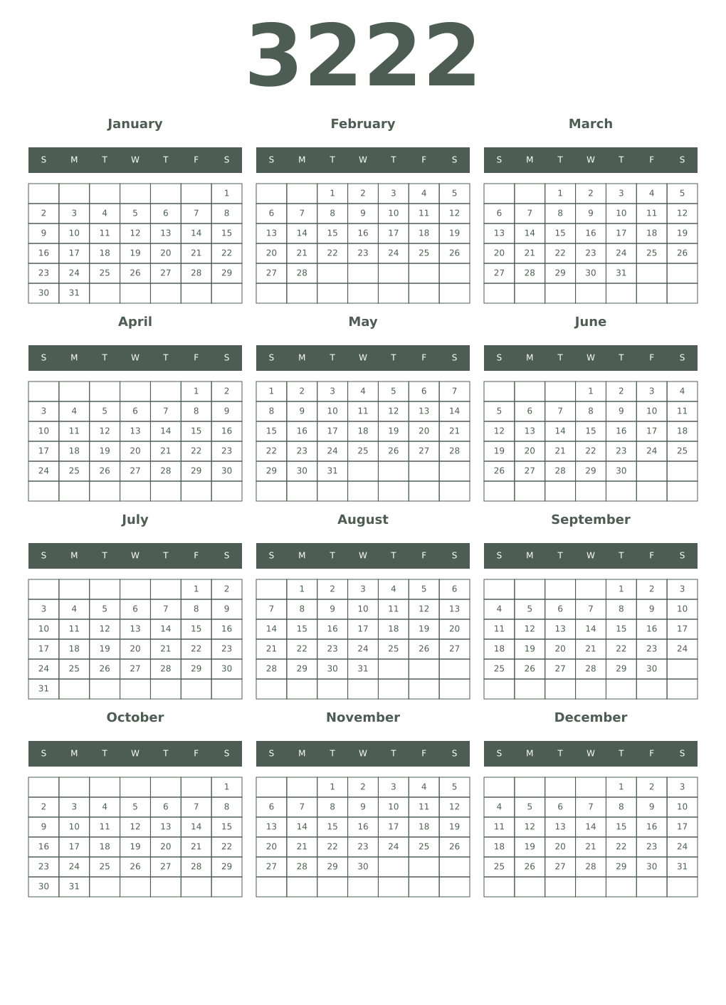 Printable 3222 Year Calendars feldgrau