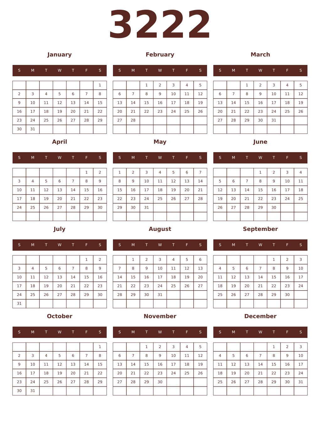 Printable 3222 Year Calendars mortuum