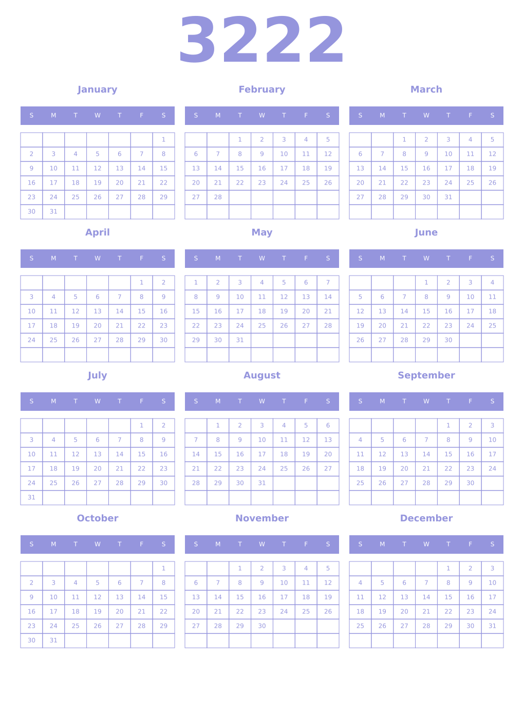 Printable 3222 Year Calendars periwinkle