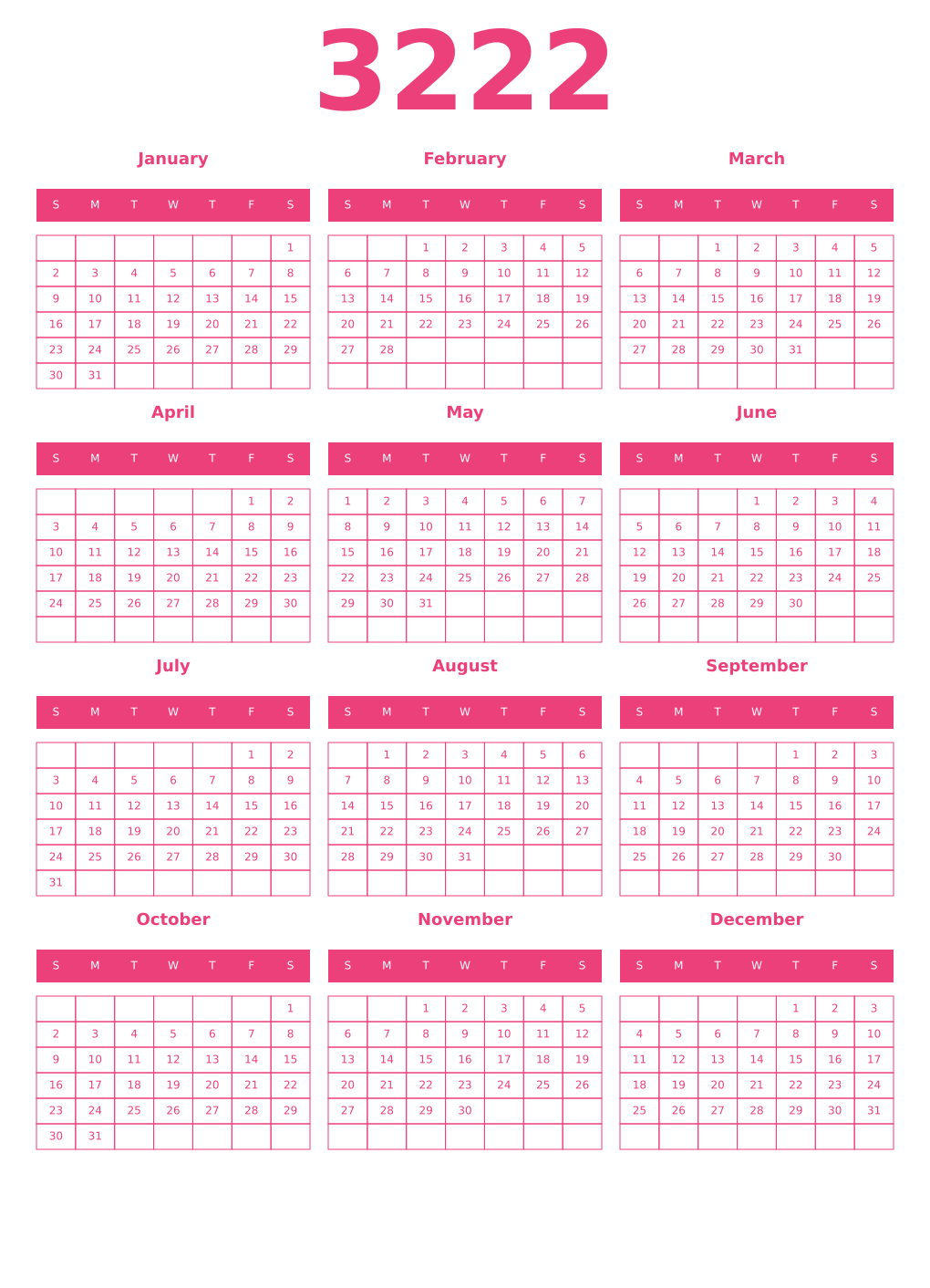Printable 3222 Year Calendars pink