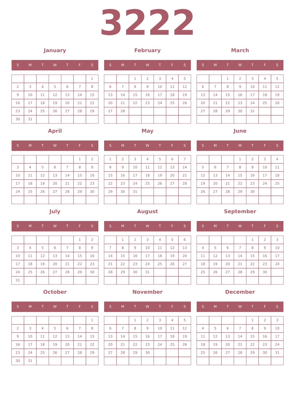 Printable 3222 Year Calendars puce