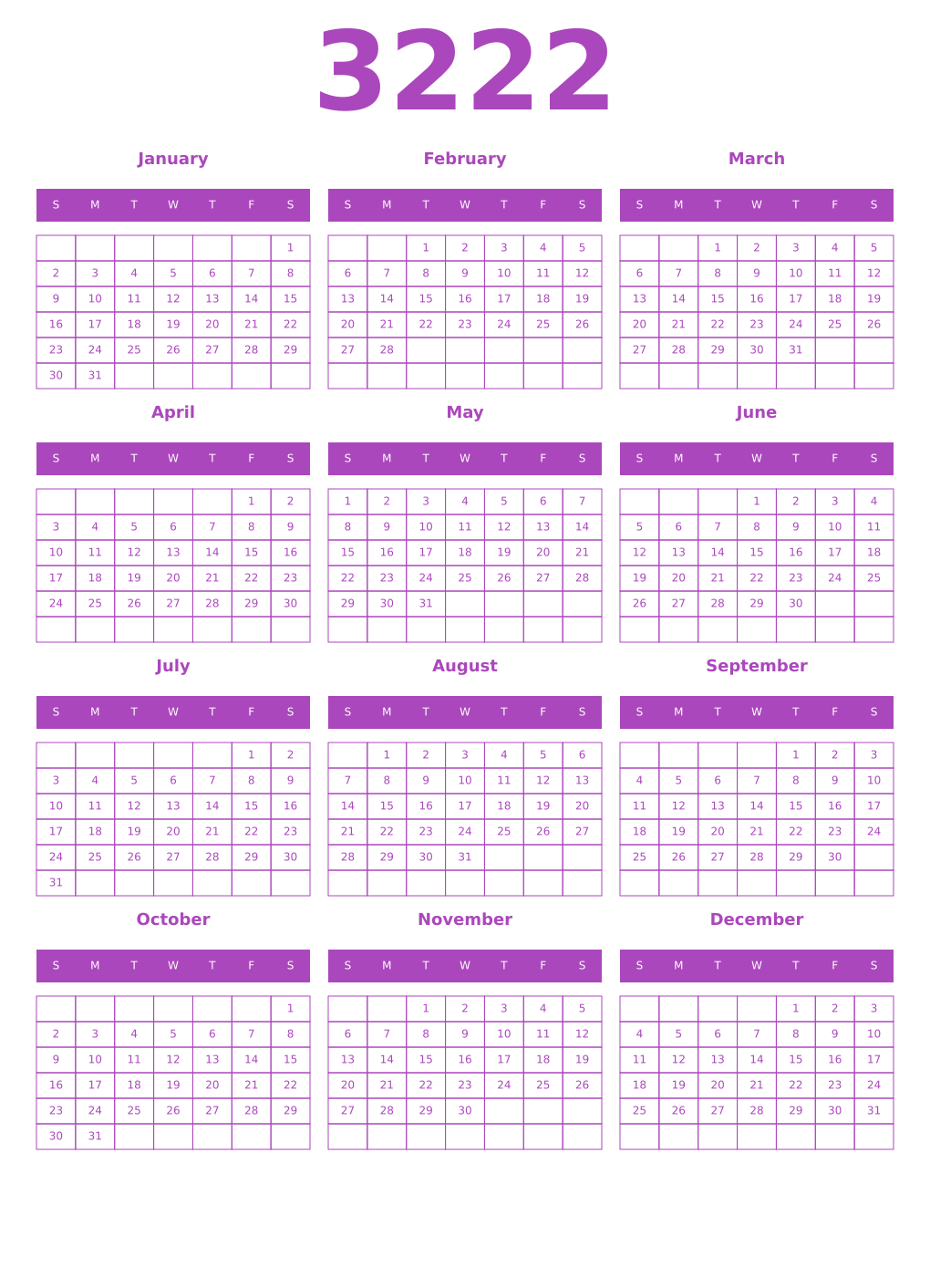 Printable 3222 Year Calendars purple