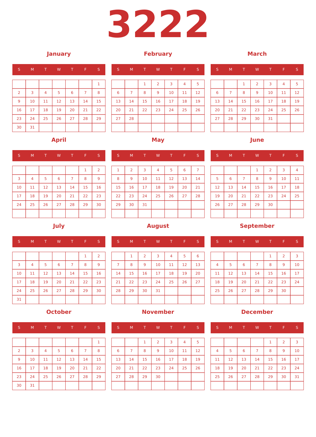 Printable 3222 Year Calendars red