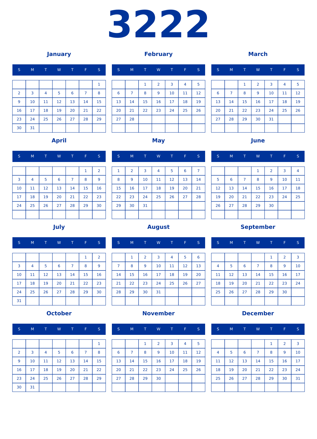 Printable 3222 Year Calendars smalt