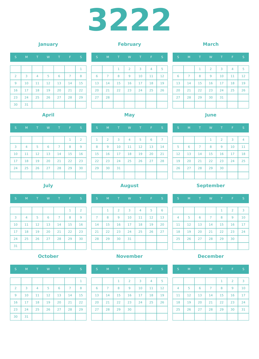 Printable 3222 Year Calendars verdigris