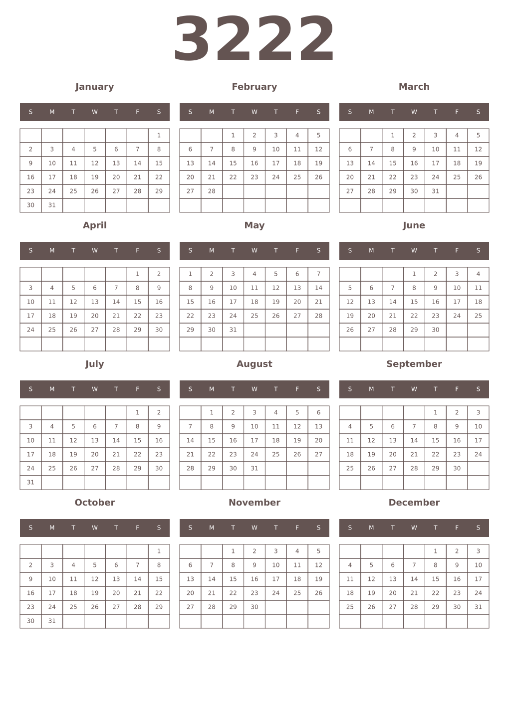 Printable 3222 Year Calendars wenge