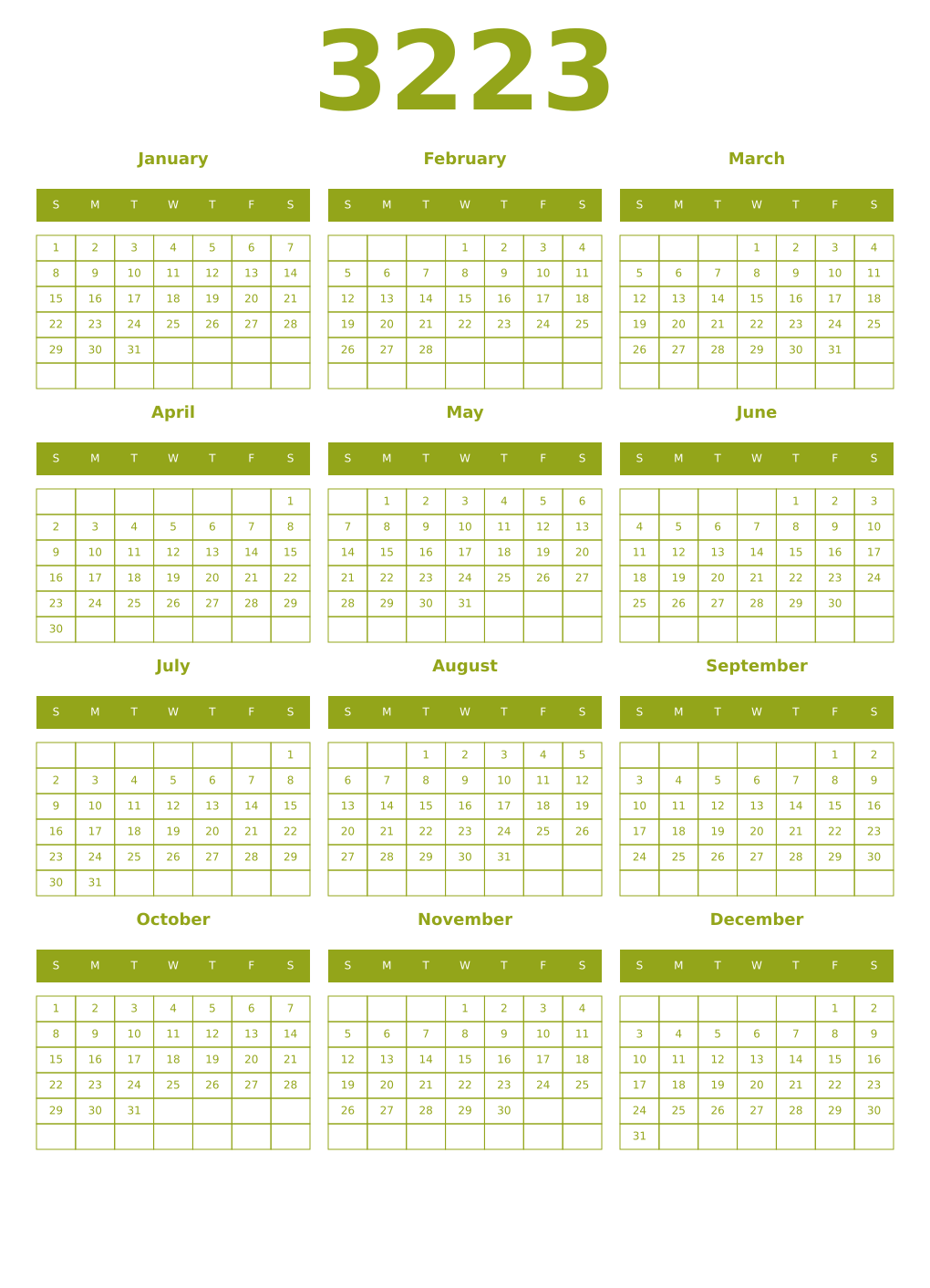 Printable 3223 Year Calendars chartreuse