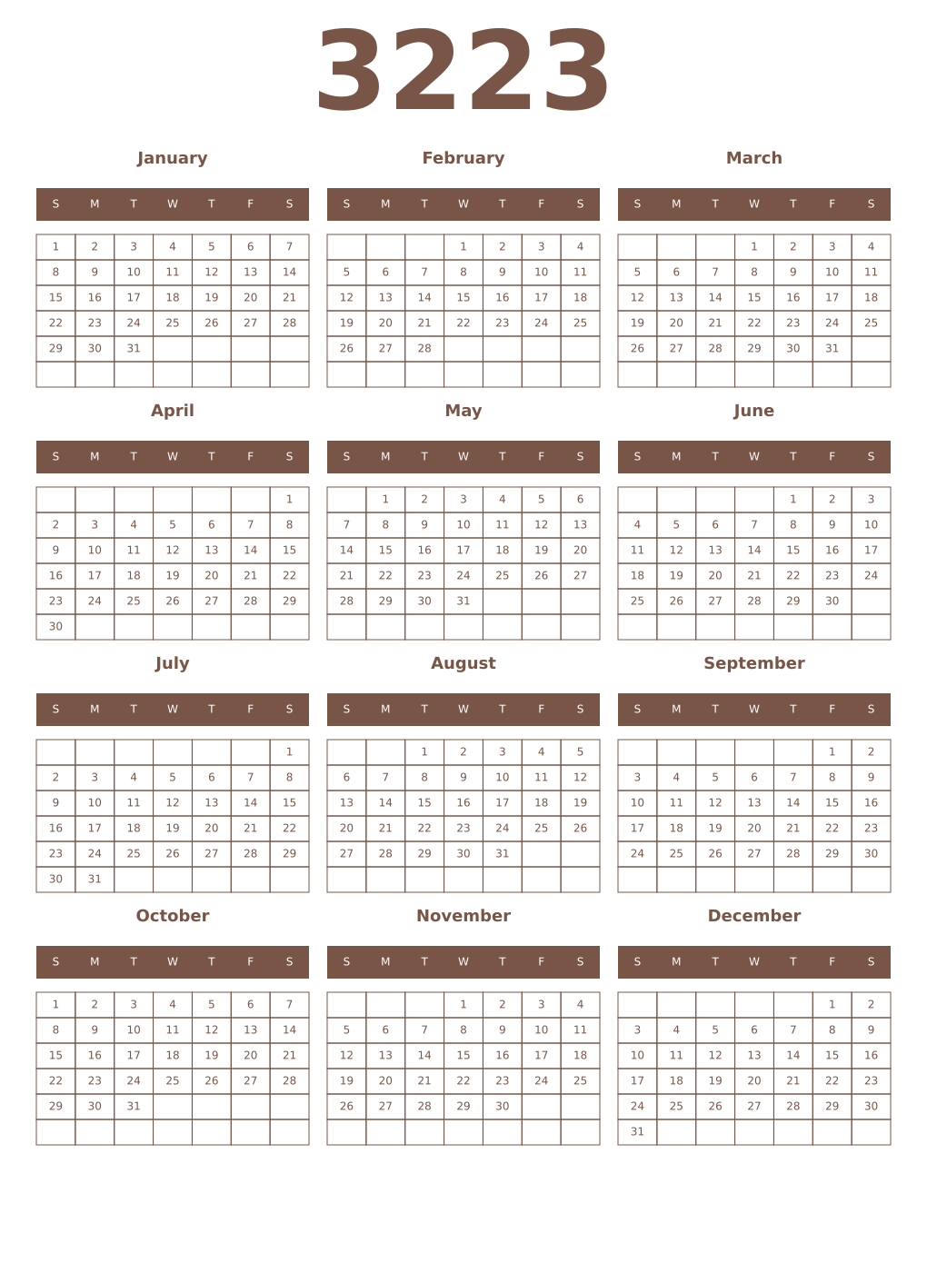 Printable 3223 Year Calendars coffe