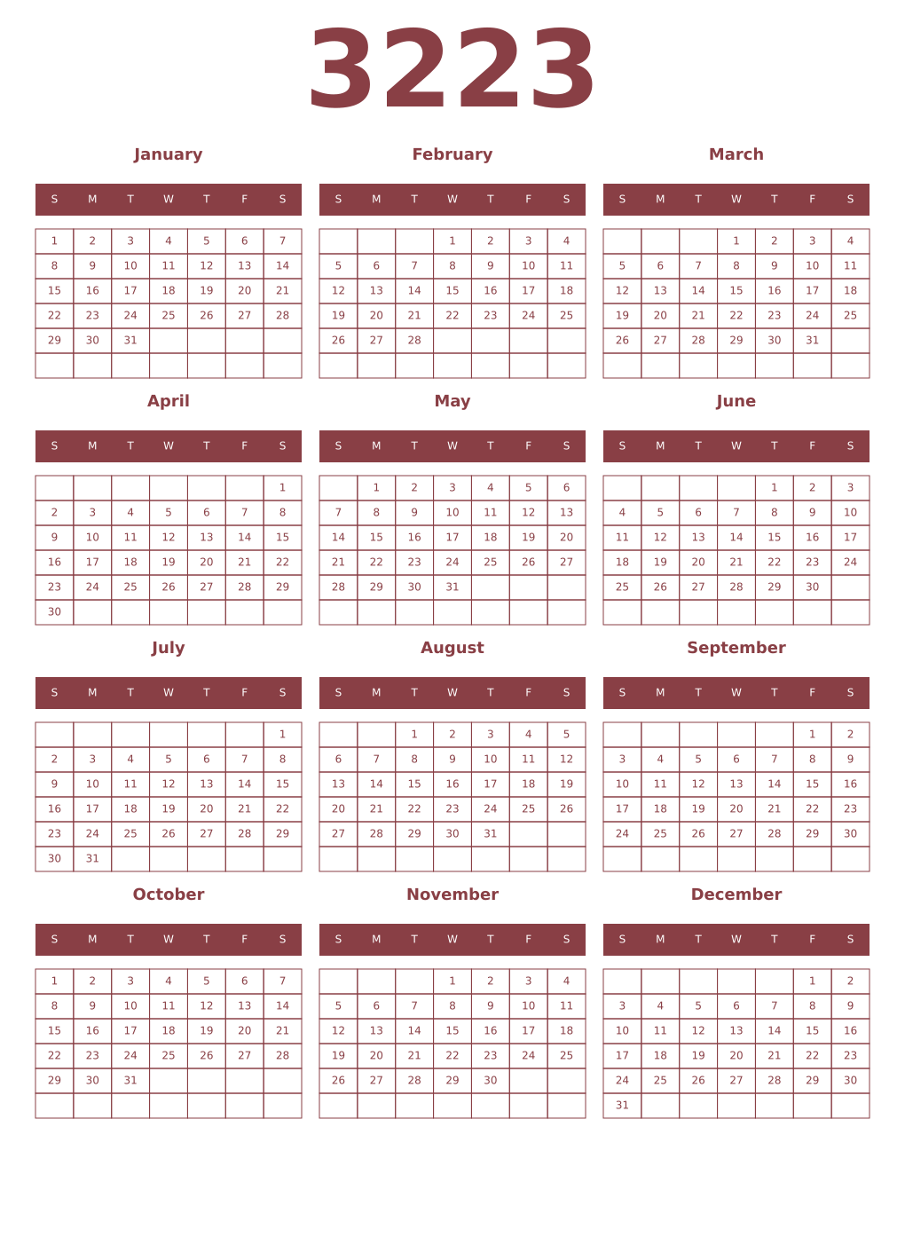 Printable 3223 Year Calendars cordovan
