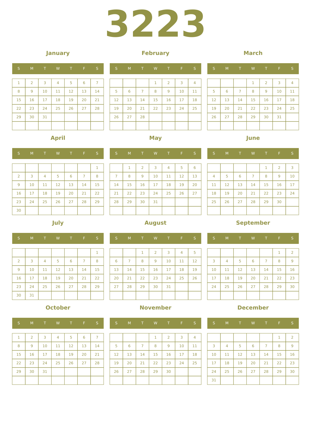 Printable 3223 Year Calendars eburnean